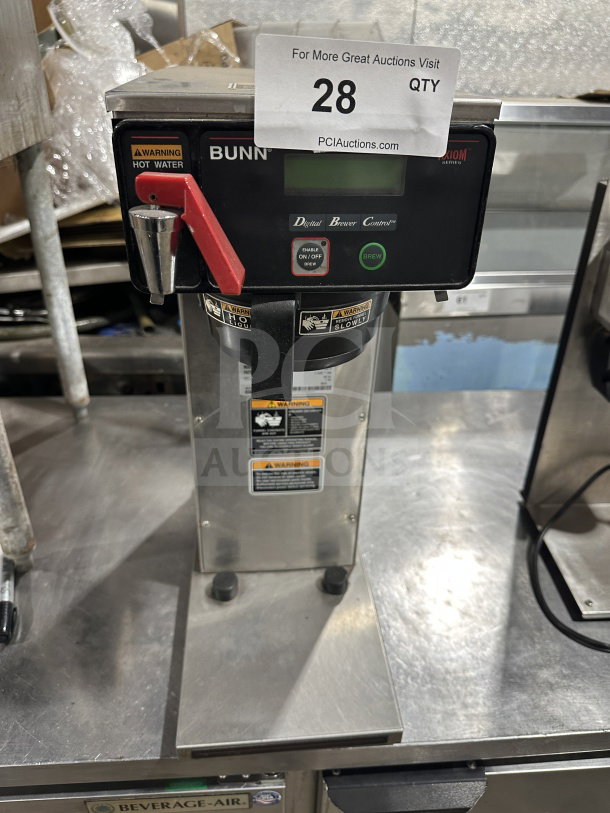 Bunn AXIOM-DV-APS coffee brewer, stainless steel, digital controls, hot water dispenser, 120V, model AXIOMDVAPS, SN AXAP007876.