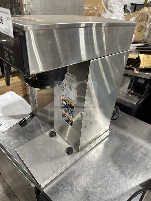 Bunn AXIOM Series stainless steel coffee brewer, Model AXIOM-DV-APS, with digital controls and hot water dispenser.