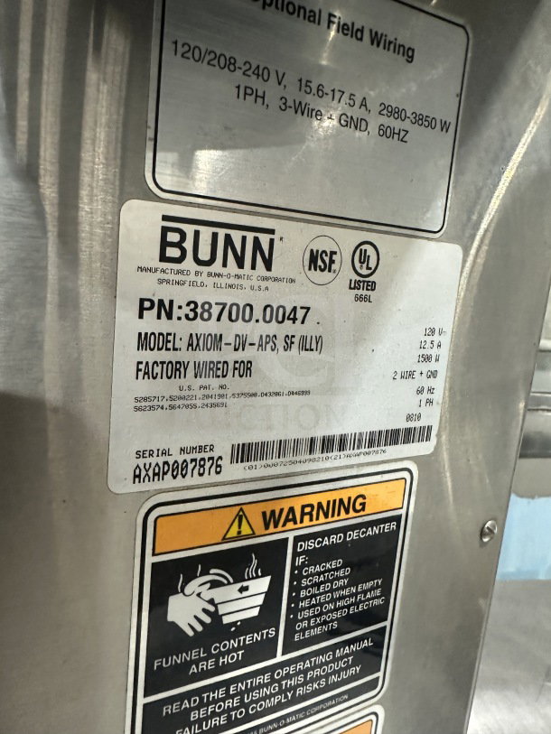 Bunn AXIOM-DV-APS coffee brewer, stainless steel, with hot water dispenser, digital controls, 120V, serial AXAP007876.