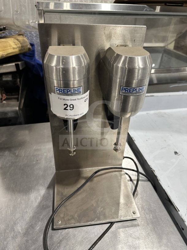 Prepline stainless steel double spindle drink mixer, model DM-B-21, electric powered, countertop design, mint condition.