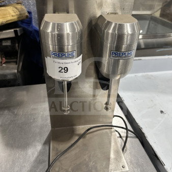 Prepline stainless steel double spindle drink mixer, model DM-B-21, electric powered, countertop design, mint condition.