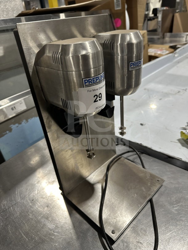 Prepline stainless steel countertop double spindle drink mixer, model DM-B-21. Features dual spindles, electric-powered, 110-120V.