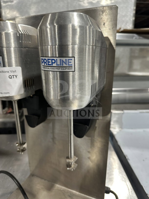 Prepline stainless steel countertop double spindle drink mixer, model DM-B-21. Visible Prepline branding.