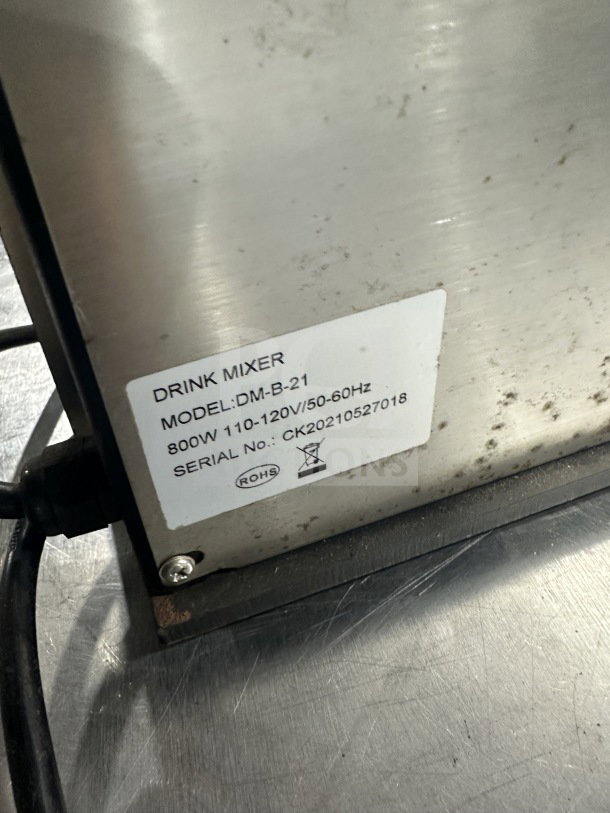 Prepline stainless steel drink mixer, model DM-B-21, 800W, 110-120V, serial CK20210527018, visible label, used condition.