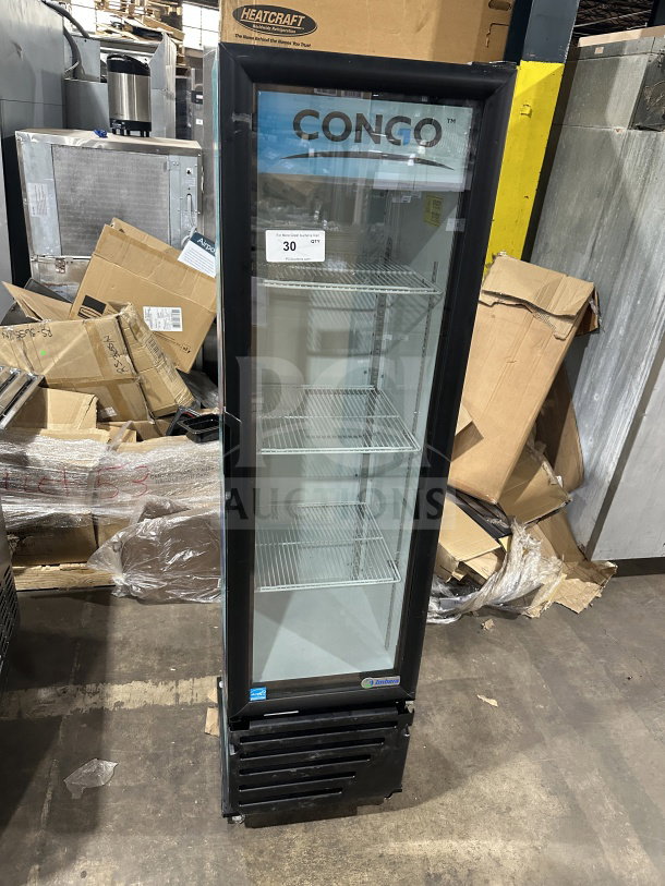 Imbrera VR08R6 Congo Style commercial merchandiser refrigerator with black single glass swing door, poly-coated rack, and Energy Star certification.