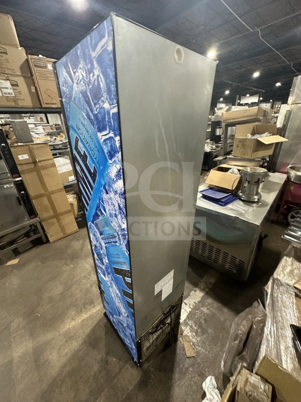 Imbrera VR08R6 black single glass door merchandiser refrigerator with poly coated wired rack, Energy Star certified.