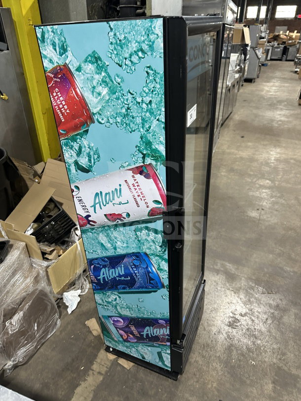 Imbrera Congo Style commercial black glass swing door merchandiser refrigerator, Model VR08R6, with poly coated wired rack. Energy Star certified.