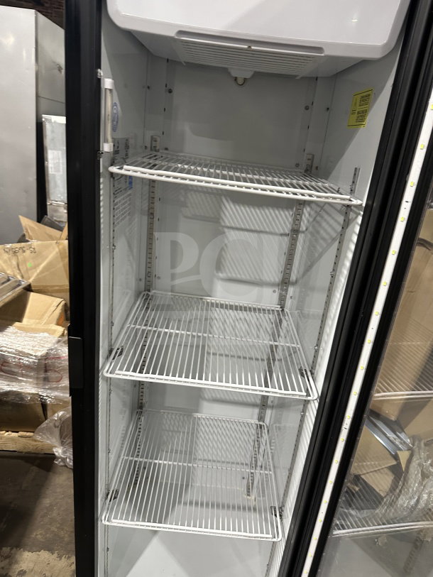 Imbrera VR08R6 black glass door merchandiser refrigerator, poly coated racks, Energy Star, excellent condition.