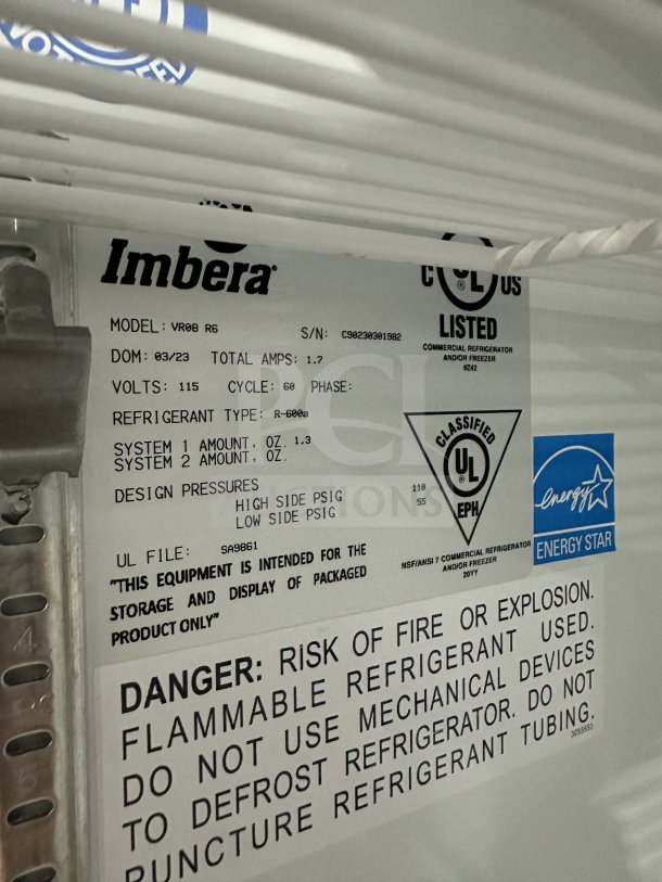 Imbrera VR08R6 black single glass door merchandiser refrigerator. Features poly-coated rack, UL listed, Energy Star certified.