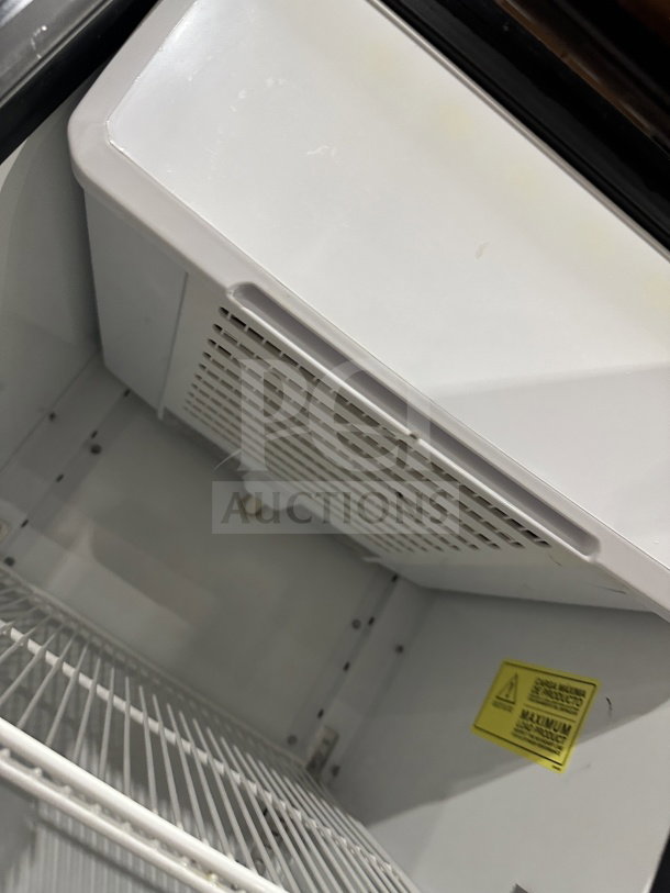 Imbrera Congo Style VR08R6 refrigerator with black glass swing door, poly coated wired rack. Energy Star certified, model VR08R6.