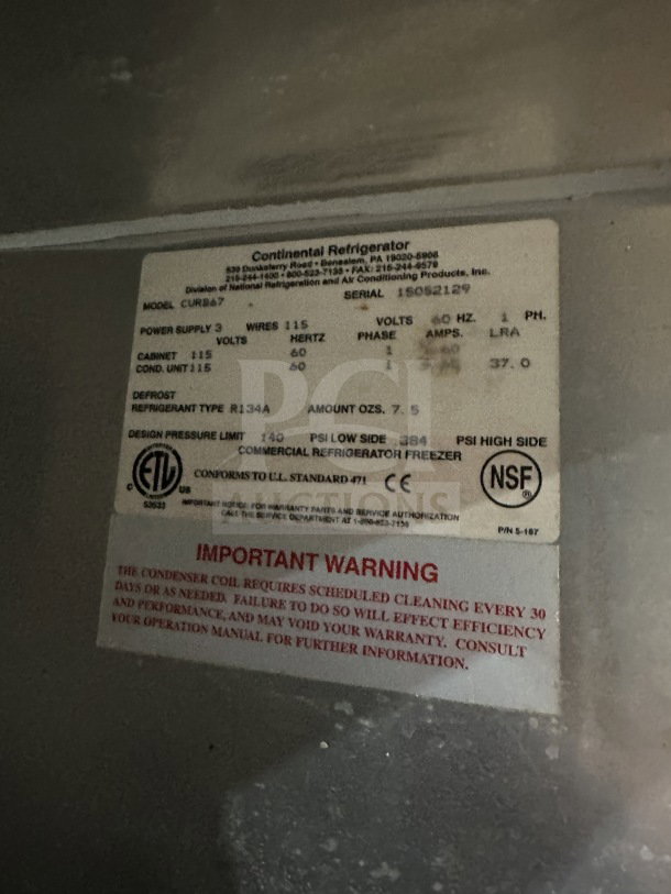 Continental CURB67 stainless steel lowboy refrigerator/freezer, model CURB67, serial 15052129, 115V, 1 phase, on casters.