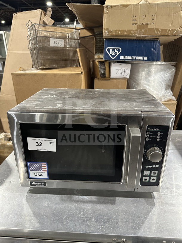 Amana RCS10DSE stainless steel countertop microwave oven, 2023 model, 120V, commercial-grade, electric-powered, in great condition.