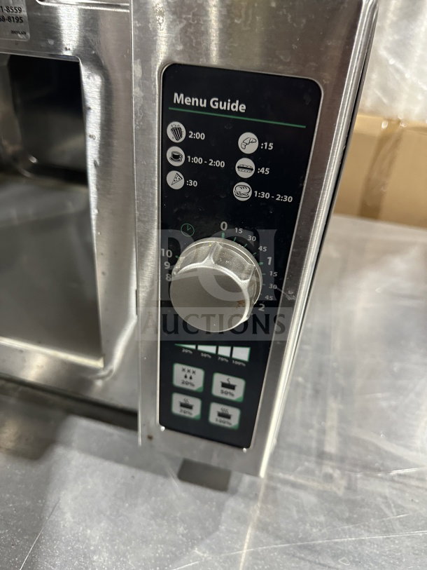 Amana RCS10DSE stainless steel commercial microwave oven, 2023 model, 120V, features menu guide, excellent condition.