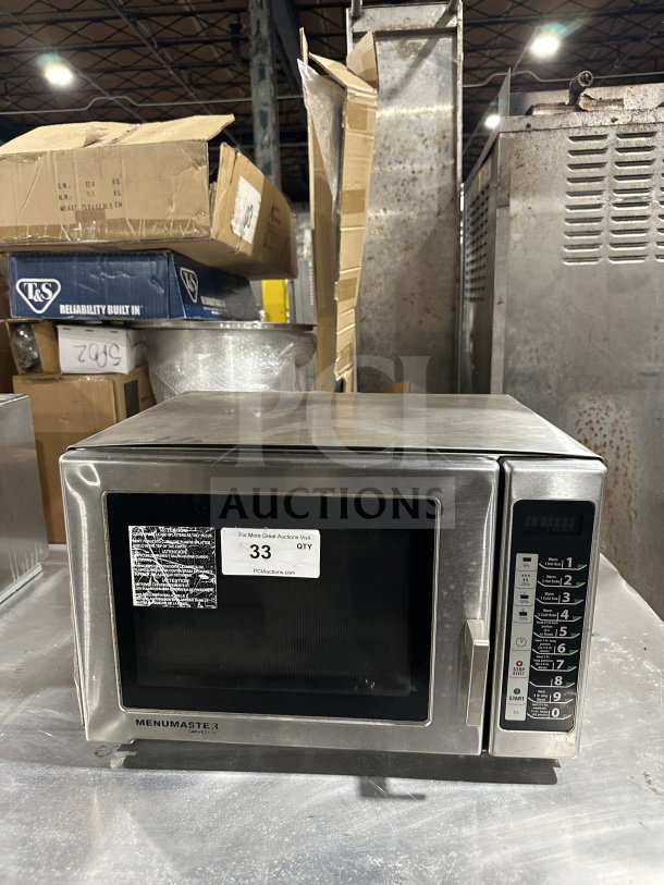 Menumaster stainless steel countertop microwave oven, Model RFS12TSW, with digital push button control, 120V, used condition.