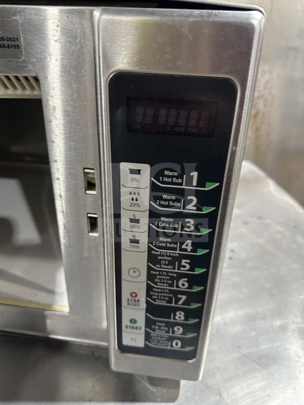 Menumaster RFS12TSW commercial stainless steel microwave, digital controls, 120V, countertop model.