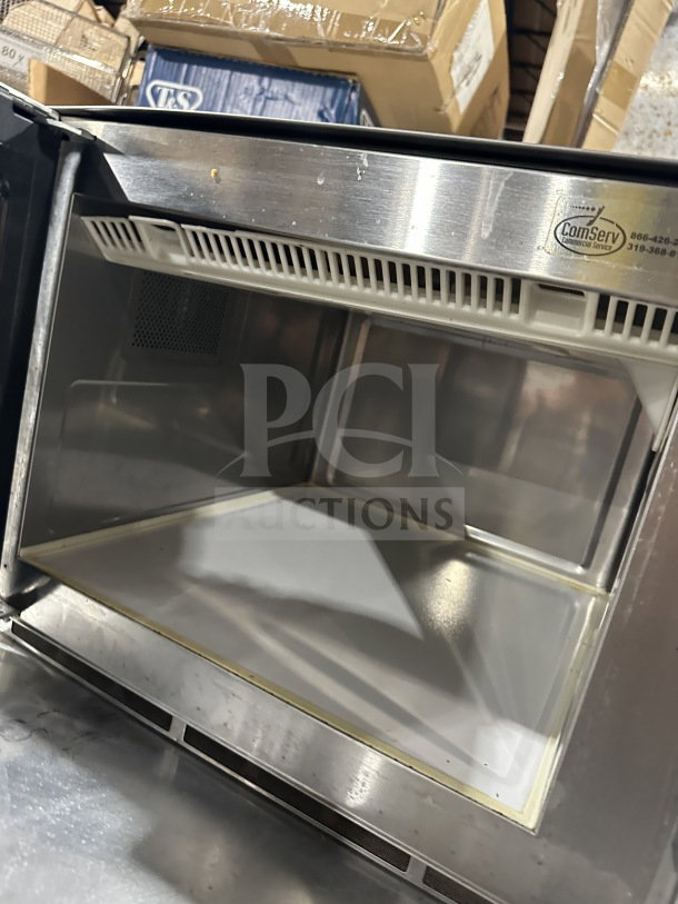 Menumaster RFS12TSW stainless steel countertop microwave oven with digital push button control, model RFS12TSW, 120V.