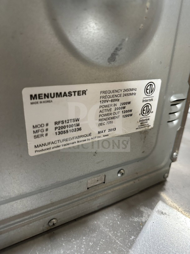 Menumaster RFS12TSW stainless steel microwave oven, commercial-grade, digital push-button control, 120V, made in 2013.