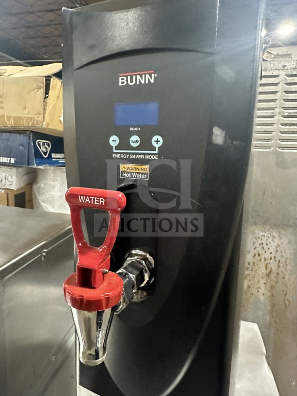 Bunn H5X commercial stainless steel hot water dispenser with digital controls, red spout, warning label, 208V, 1 phase.