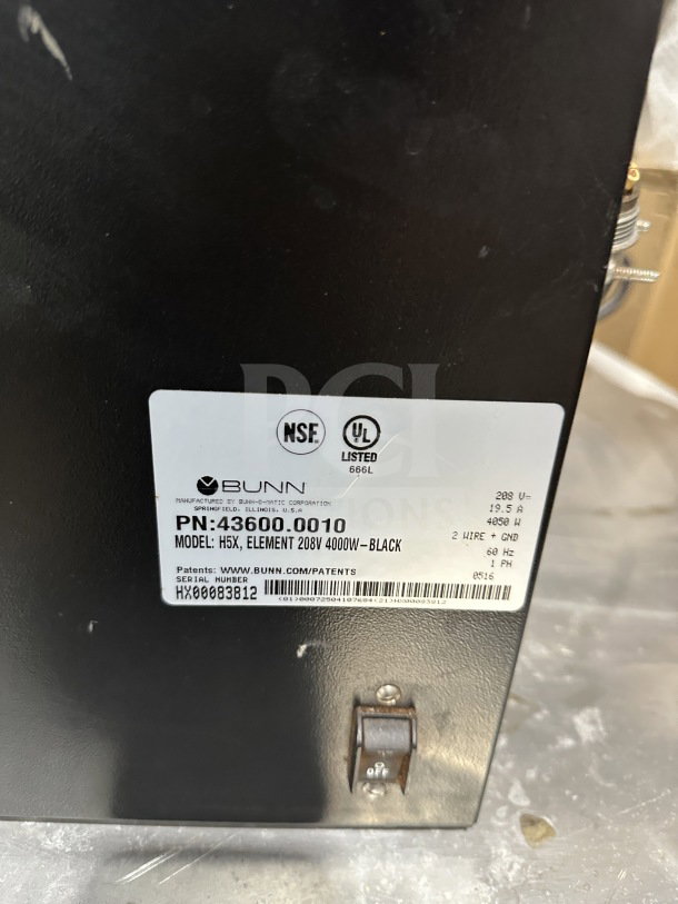 Bunn Element Series H5X Stainless Steel Hot Water Dispenser, digital controls, 208V, 1 phase, serial HX00083812, NSF and UL listed.