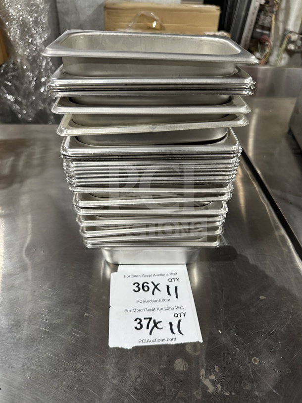 Thunder Group STPA3192 commercial stainless steel 1/9 size steam table pans, stacked, new condition, multiple quantities.