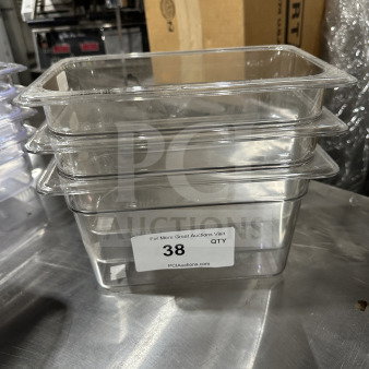 Camero Commercial Clear Polycarbonate 1/4-Size Food Pan, Model 5311, stack of three, new condition, with auction tag "38 QTY PCIAuctions.com."