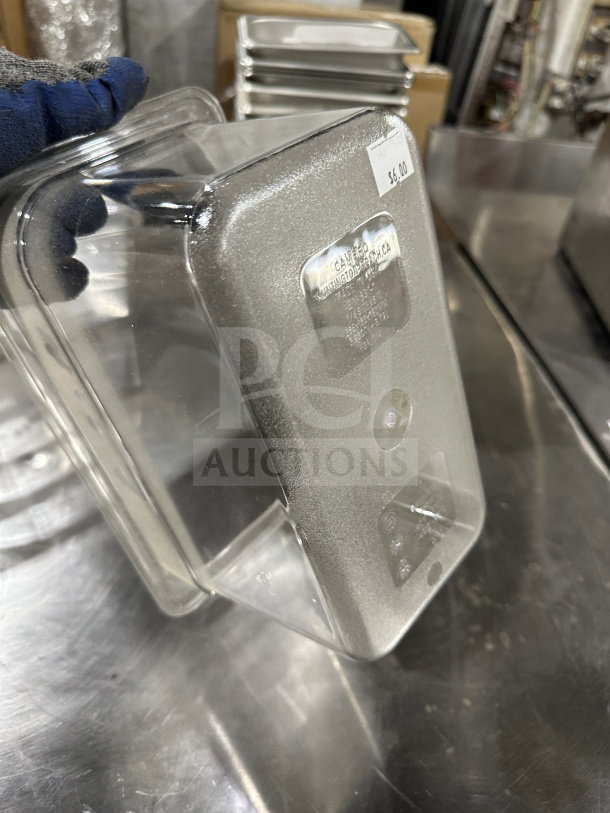 Camero 5311 1/4-size clear polycarbonate food pan. Condition: clear, gently used with price tag of $6.00 shown.
