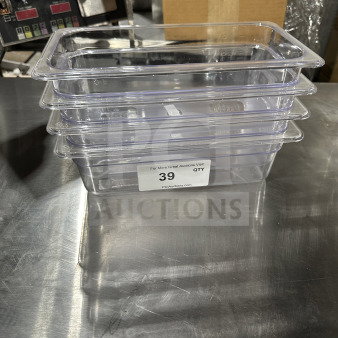Winco SP7304 commercial clear polycarbonate 1/6-size food pan, stacked, in excellent condition, auction label "39".