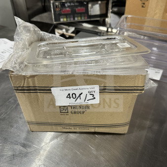 Thunder Group PLPA7130C clear polycarbonate food pan lid, 1/3-size, new in box, 13X lot available, auction label visible.