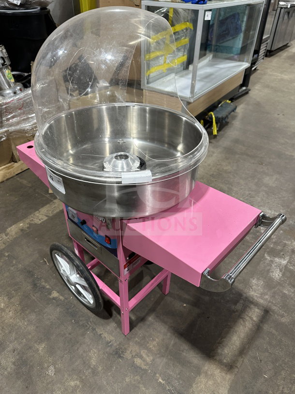 Olde Midway Spin-2000 hot-pink cotton candy machine, stainless steel bowl, clear dome lid, on wheels, Model: CONCOTSP2000CRT.