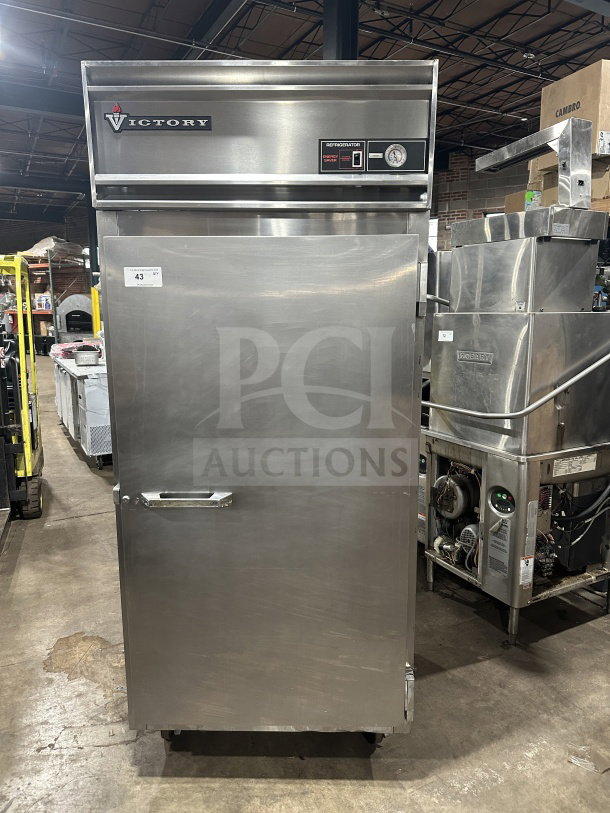 Victory RA36S7 stainless steel roll-in refrigerator, single-door, chrome wire rack, 115V 1 phase, on casters, commercial use.