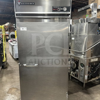 Victory RA36S7 stainless steel roll-in refrigerator, single-door, chrome wire rack, 115V 1 phase, on casters, commercial use.