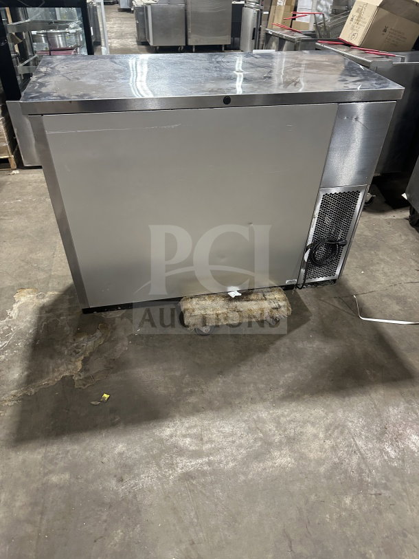 True TBB-24-48S commercial stainless steel 2-door cooler, with black coated rack, 115V, visible surface marks.