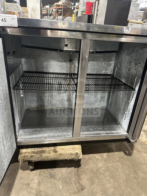 True TBB-24-48S 2-Door Back Bar Cooler, stainless steel, black coated rack, Model: TBB-24-48S, SN: 1-4627806, 115V 1 Phase.