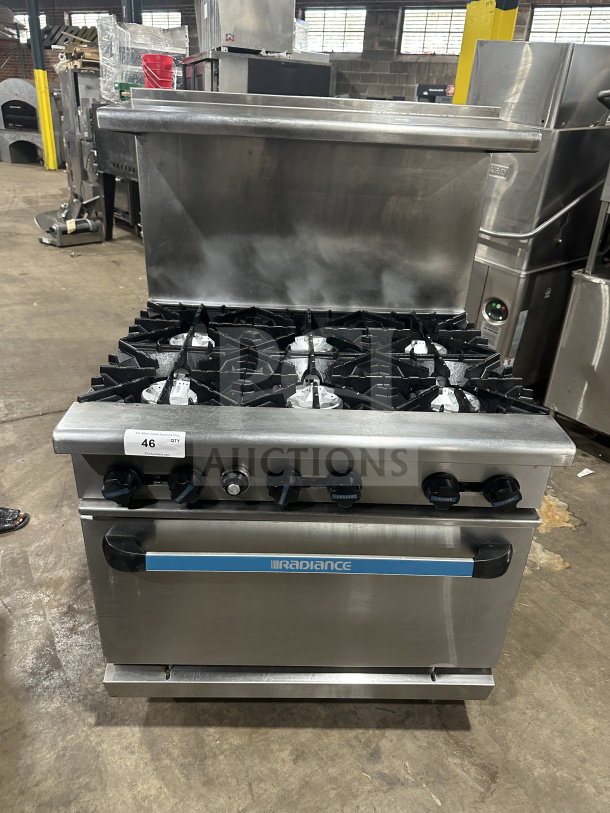 Radiance by Turbo Air Stainless Steel 6-Burner Gas Range/Oven with backsplash, overhead salamander shelf, and wired oven rack.
