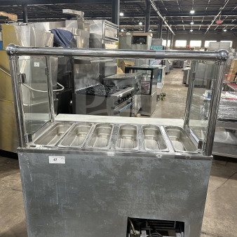 Leader Commercial Stainless Steel Mobile Refrigerated Salad Bar with glass top. Features six compartments, on casters.