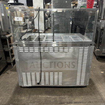 Leader commercial stainless steel refrigerated salad bar with full-glass sneeze guard, excellent condition, visible display.