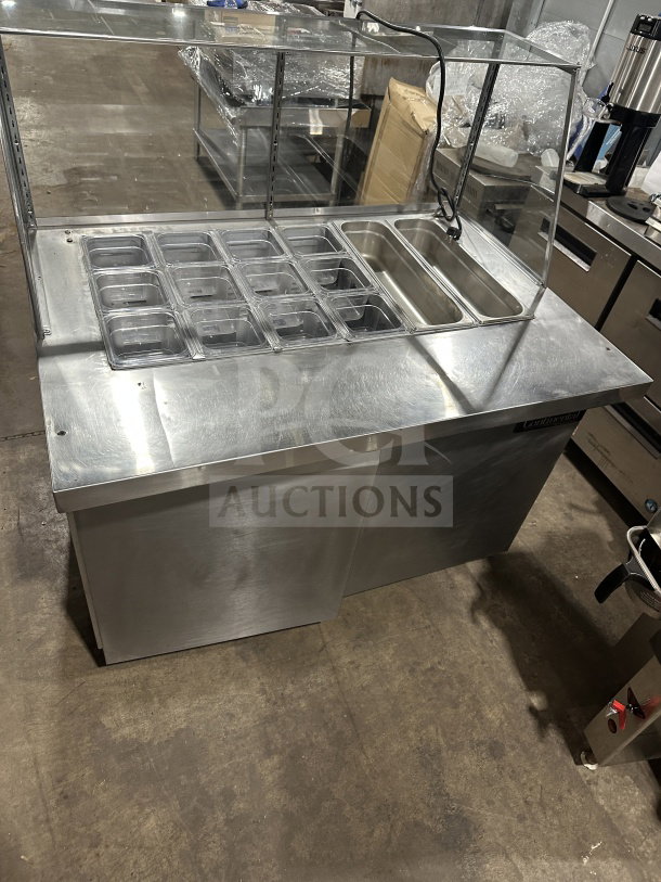 Leader commercial stainless steel refrigerated salad bar with full-glass display sneeze guard, multiple compartments, excellent condition.