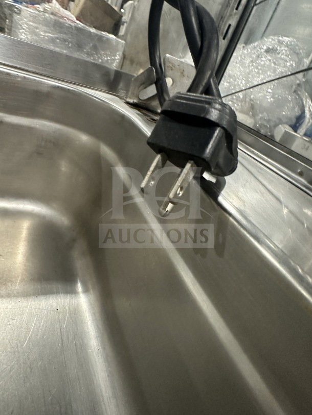 Leader commercial stainless steel refrigerated unit with plug, featuring a full-glass display sneeze guard, for salad/deli use.