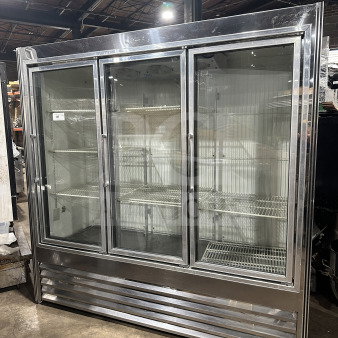 National Refrigeration 3-door reach-in freezer/refrigerator, model 14S96, with glass doors and poly coated racks, excellent condition.