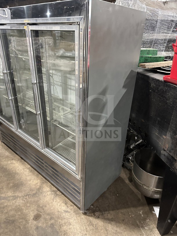 National Refrigeration 3-Door Glass Merchandiser, model 14S-96, features view-through doors, poly-coated racks, 115V.