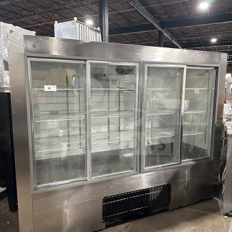 Commercial stainless steel glass sliding 4-door refrigerator/freezer, model 14-S96, with poly-coated racks, 115V, excellent condition.