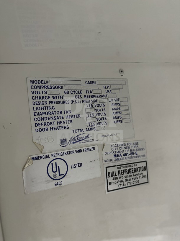 Commercial stainless steel fridge/freezer model 14-S96. Features four glass sliding doors, poly coated racks, 115V. UL listed.