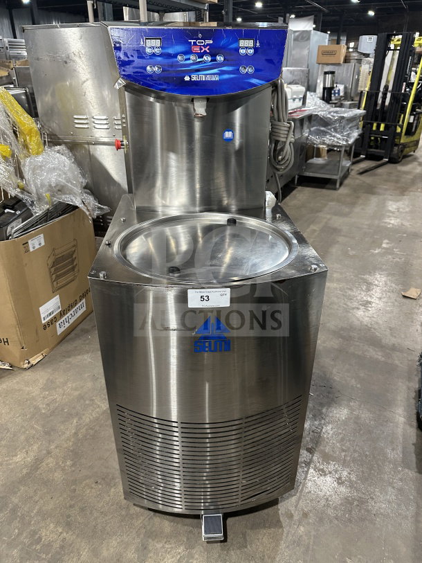 Selmi TOP EX stainless steel chocolate tempering machine, model TOP SN: 1787, 2017, on casters, excellent condition.
