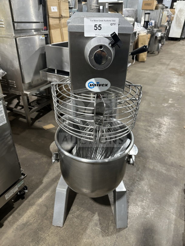 Univex SRM30+ 30 Qt planetary mixer with splash guard, stainless steel bowl, dough hook, and legs. Model: SRM30+, 208V, 3 Phase.
