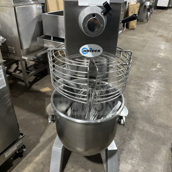 Univex SRM30+ 30 Qt planetary mixer with splash guard, stainless steel bowl, dough hook, and legs. Model: SRM30+, 208V, 3 Phase.