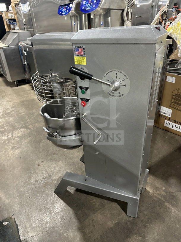 Univex SRM30+ 30 Qt planetary mixer with splash guard, stainless steel bowl, dough hook, 208V, 3 phase, on legs.