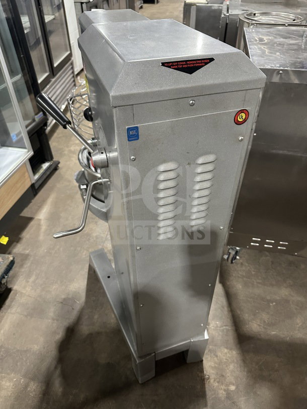 Univex SRM30+ 30 Qt Mixer, stainless steel bowl, dough hook, splash guard, 208V, 3 phase, on legs, NSF and UL labels.