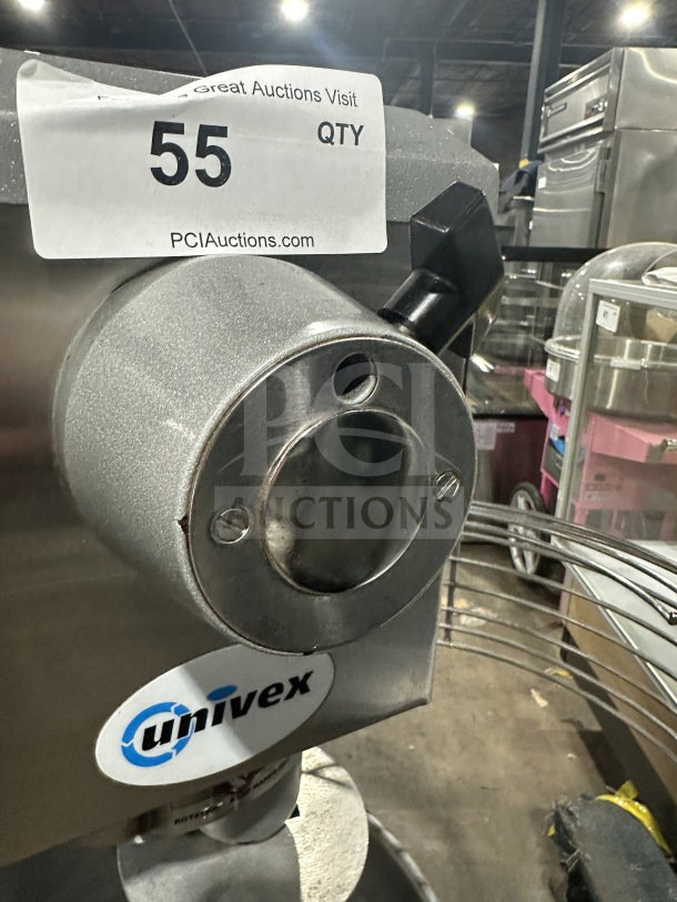 Univex SRM30+ 30 Qt planetary mixer with splash guard, stainless bowl, and dough hook. 208V, 3-phase, on legs, serial M016761.