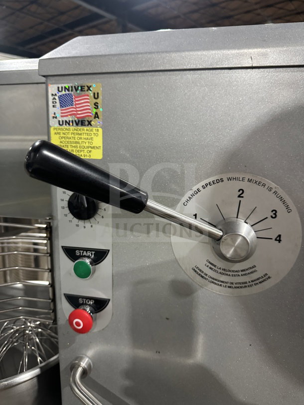 Univex SRM30+ commercial mixer, 30 qt, planetary style, with splash guard, stainless steel bowl, dough hook, 208V, 3-phase. Marked "Made in USA."