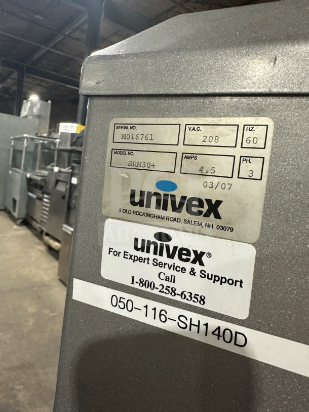 Univex SRM30+ 30 Qt commercial mixer with splash guard, stainless bowl, dough hook. Serial: M016761. 208V, 3 Phase.